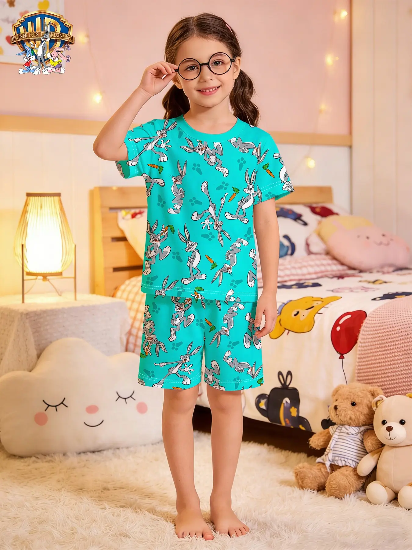 Wb Official Bugs Bunny Kids Short Sleeve Pajamas, Girls Cartoon Full Print Sleepwear, Summer Home Set, Casual Loose-Fit Style