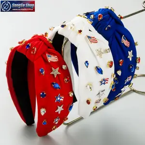Women's 4th of July Patriotic Knotted Rhinestone Headband - Plastic, Stretchy Fabric USA Flag Star Enamel Wide Hairband, Independence Day Parade Friends and Family Bag Accessory for Red White Blue Styling