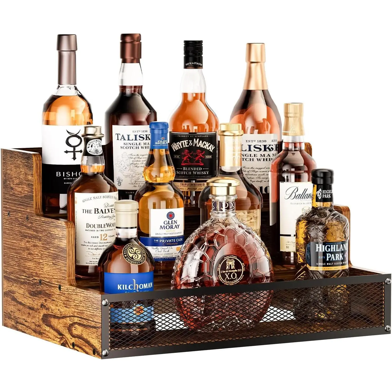 3 Step Countertop Liquor Bottle Display Shelf, Retro Wood 12-Bottle Bar Shelves with Fences, Freestanding Storage Wine Rack for Liquor Whiskey Wine Coffee Syrup Display, Ideal for Home Bar (Patent Pending)