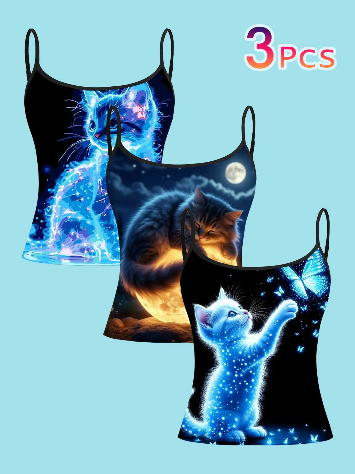 3-Pack Women's Glow-In-The-Dark Blue Animal Cat Moon Butterfly Print Thin Spaghetti Strappy Tank Tops, Cute Cat Design Slim Fit Short Crop Innerwear Top Everyday