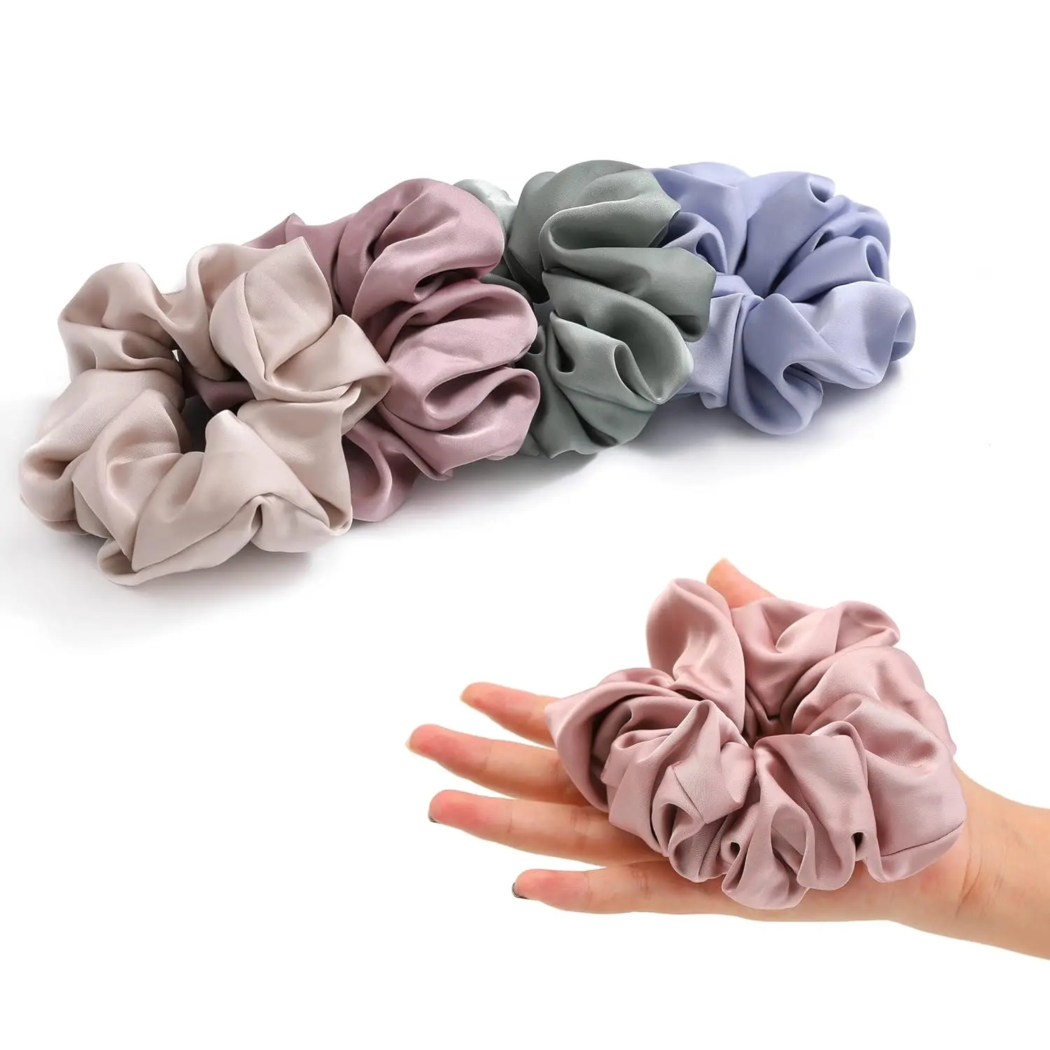 4 count Large Satin Silk Scrunchies for Women Big Hair Scrunchies Thick Hair | Blue Green Rose-Red Champagne / Stretched 10" Length / No  /  Box /Diameter: 5 inches /  Hairstyles