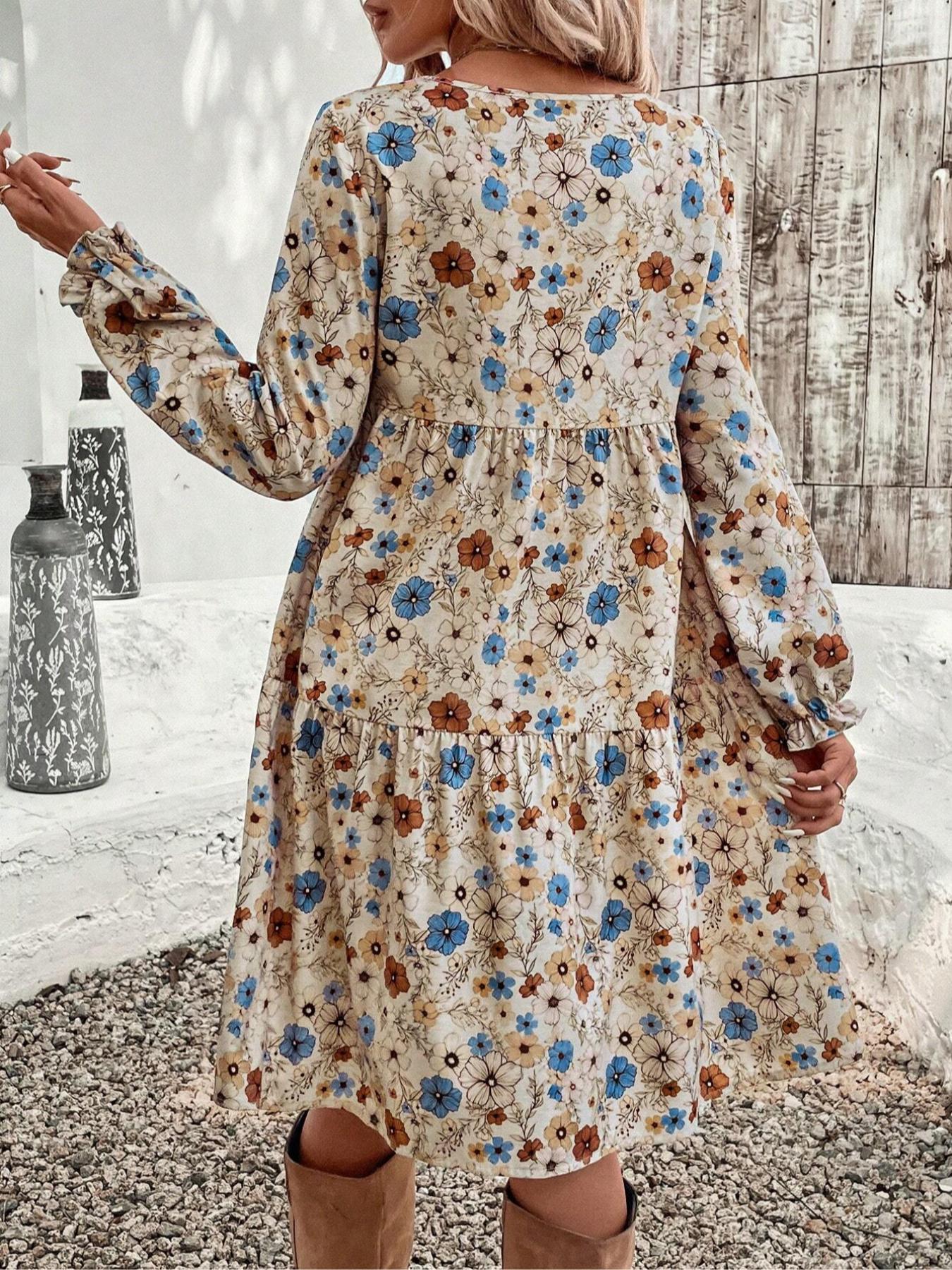 Women's Floral Print Tie Neck Flounce Ruffled Sleeve Woven Fit Dress, Elegant Feminine Fashion Casual Dress for Daily Outdoor Wear, Women Dress for Spring Fall