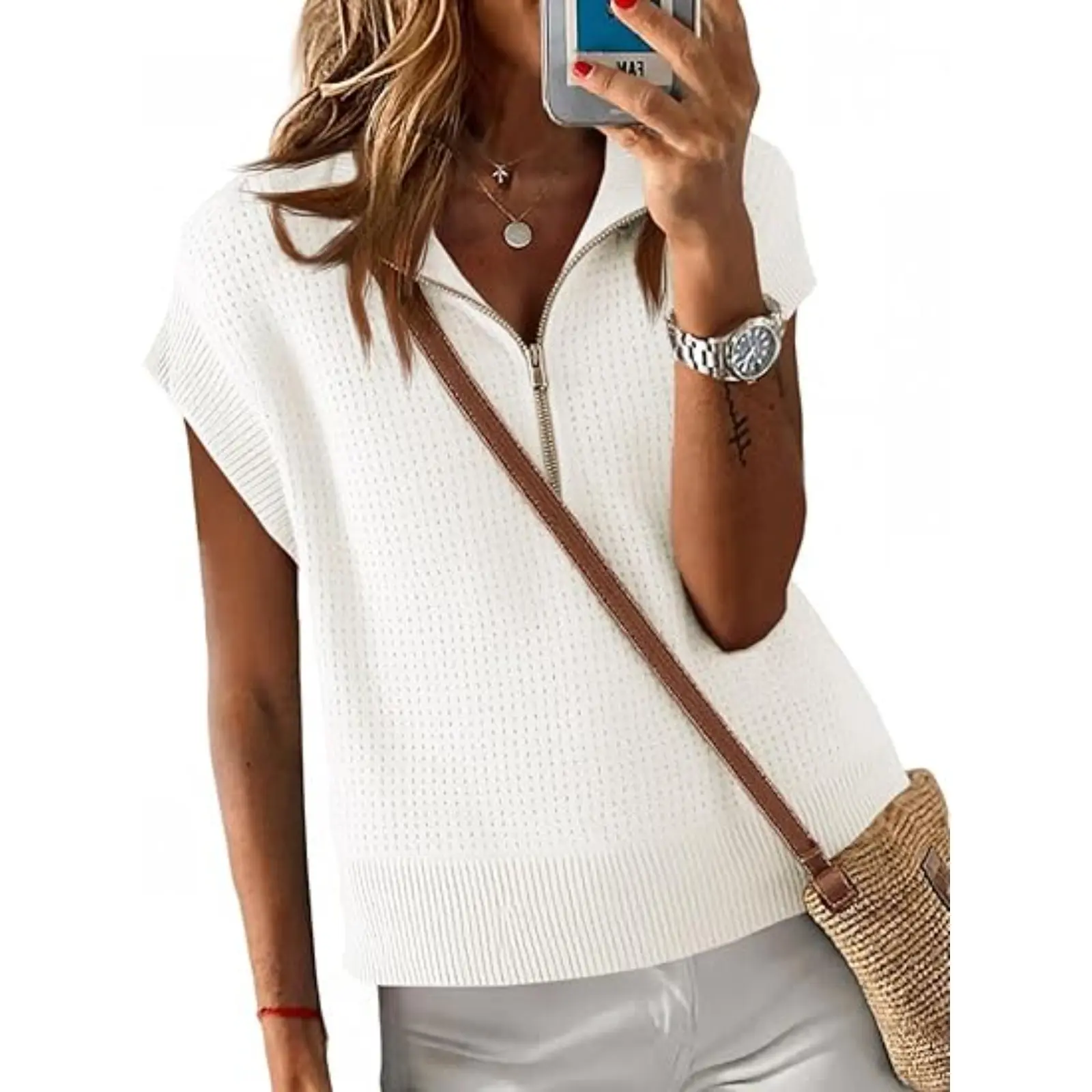 Saodimallsu Women's Knitwear Pullover Sweater - Casual Style, Cool Lightweight, Half-Zip Cropped, Cap-Sleeve Ribbed Top, Machine Washable, Shortsleeve, Casual Style Women's Pullovers, Cool Lightweight Women's Pullovers