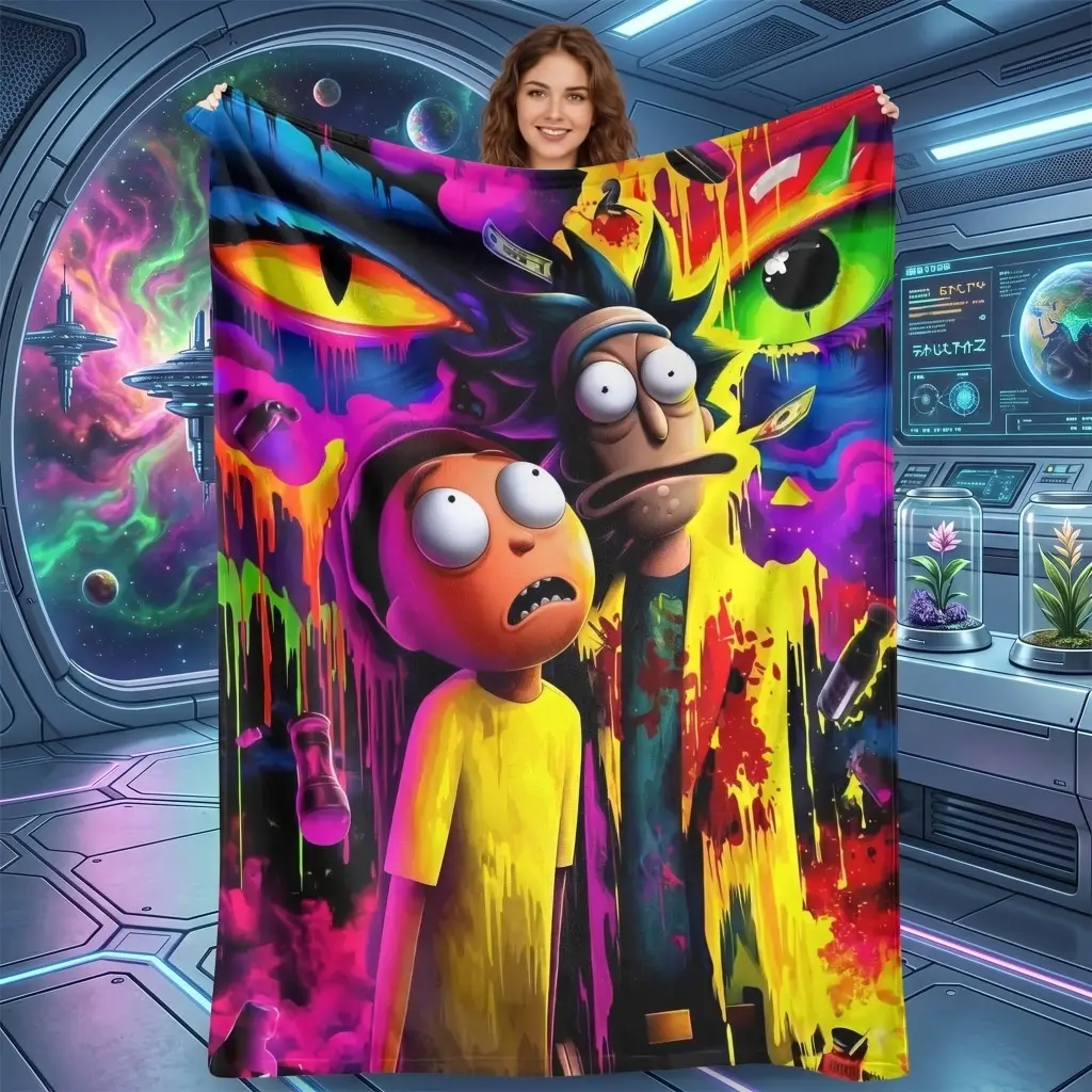 Rick and Morty Flannel Blanket  Psychedelic Cartoon Print  Lightweight  Super Soft & Cozy  Warm Bed Blanket  Perfect for Sofa  Travel  Living Room  Gift for Friends & Family.