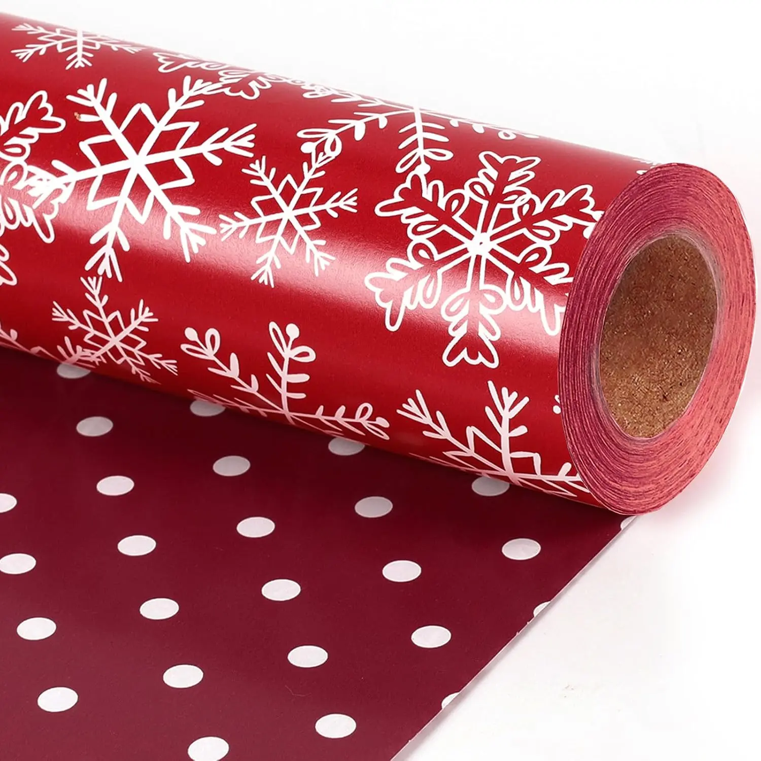 Reversible Christmas Wrapping Paper, White Dots Snowflakes  Red | 17 Inch X 33  Classic  Wrap Paper for Xmas, Holiday Delebration