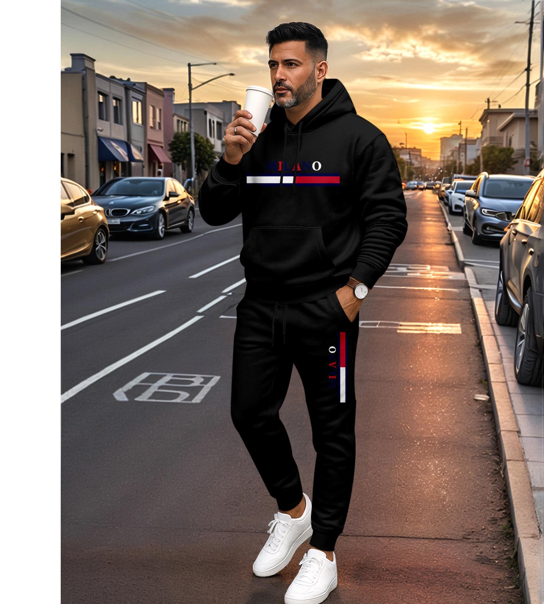 Men's MILANO Letter Pattern Print Hoodie and Drawstring Sweatpants Set, Menswear, Casual Athletic Long Sleeve Hooded Jacket & Trousers for Fall & Winter, Men's Clothing for Daily Wear, Sportswear Indoor Outdoor, Tracksuit, Athleisure Men's MILANO Letter Pattern Print Hoodie and Drawstring Sweatpants Set, Menswear, Casual Athletic Long Sleeve Hooded Jacket & Trousers for Fall & Winter, Men's Clothing for Daily Wear, Sportswear Indoor Outdoor, Tracksuit, Athleisure