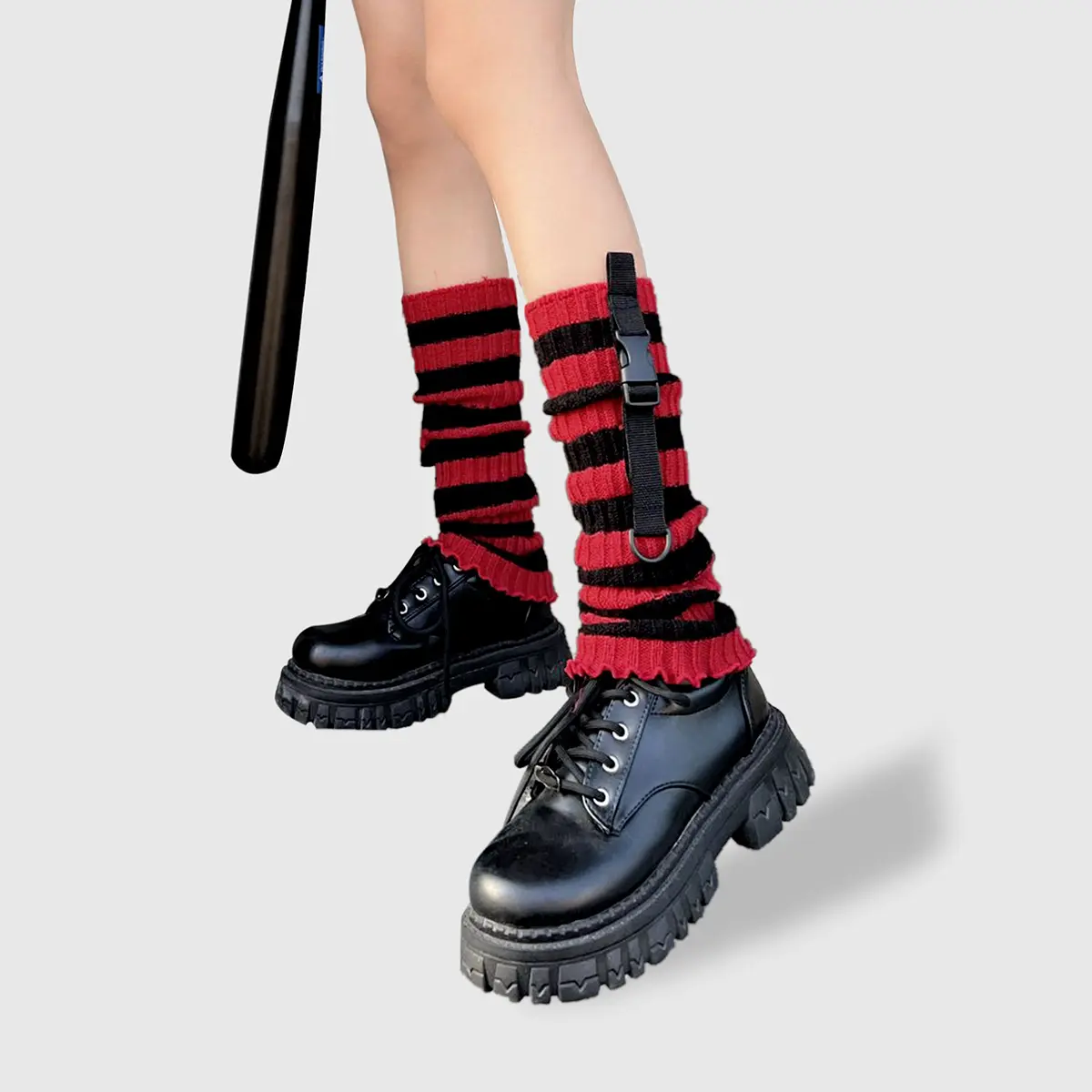 Red Black Striped Slouch Socks, Strap Decor Knit Leg Warmers Gothic Leg Socks
