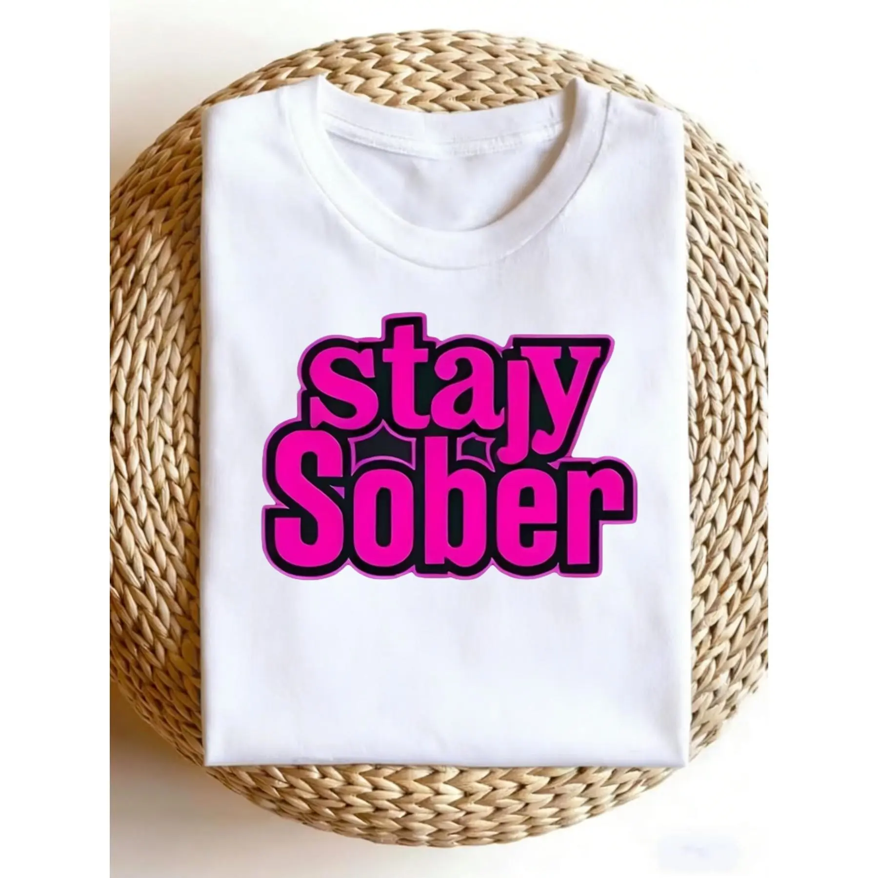 Men's Polyester Graphic Tops, Casual Shortsleeve Round Neck T-Shirt with Sobriety Drawing, Unisex Fit Sober Living Apparel