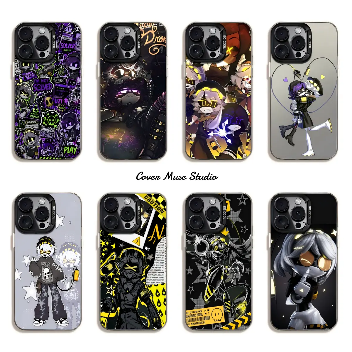 Murder Drones Uzi N V Dark Y2K Robot Anime Phone Case For iPhone 17 16 15 14 13 12 11 Promax Plus Grunge Dark Purple Yellow Warning Street Art Comfort Grip Protective Shockproof iPhone Cover