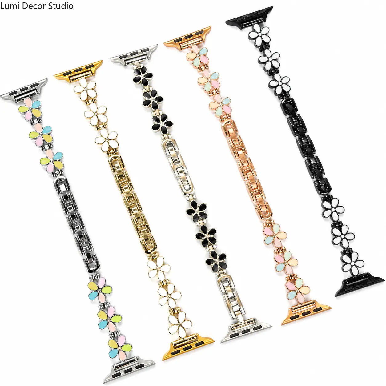 50% off for early birds-Five Petal Flower Metal Chain Watch Band for Watch, Stainless Steel Bracelet Replacement Strap with Floral Charm Design for Daily Wear Compatible with 38mm 40mm 41mm 42mm 44mm 45mm 46mm 49mm