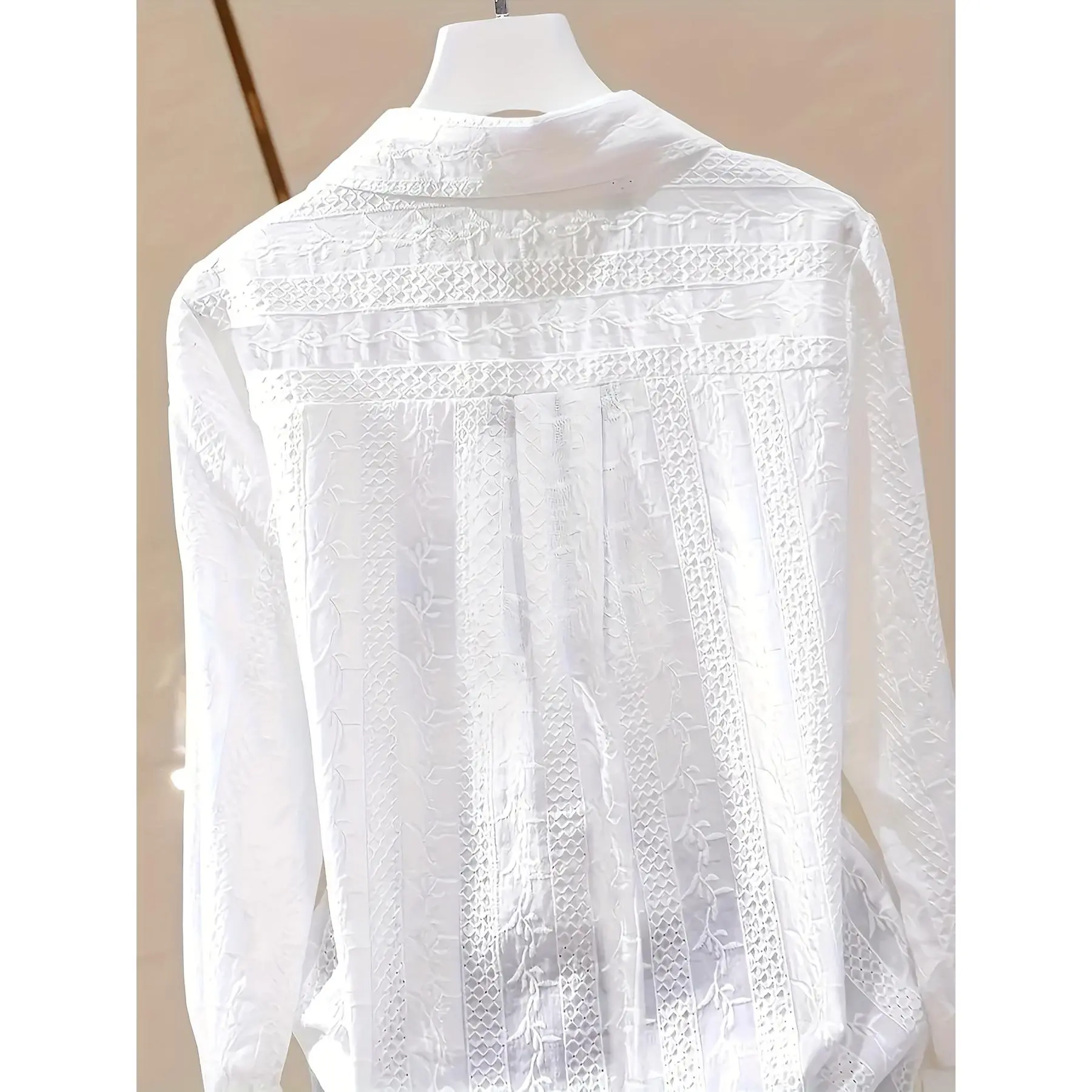 [Elegant White Blouse] Women's Elegant Solid White Long Sleeve Button-Shirt - Semi-Stand Collar Blouse, Machine Washable Spring Summer Fall Office & Casual Attire, Classic Button Front Top - Versatile Casual to Professional Attire