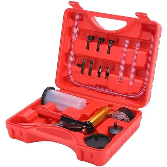 2-in-1 Automotive Brake Bleeder Kit with Hand Vacuum Pump, Gauge, Multi-Adapter Set & Protected Case for Brake Bleeding, Fluid Removal in Cars & Trucks (Red, Kit Package), Compact Carry, Copper Alloy, Universal, Multi-Adapters, Wear-Resistant, Universal C