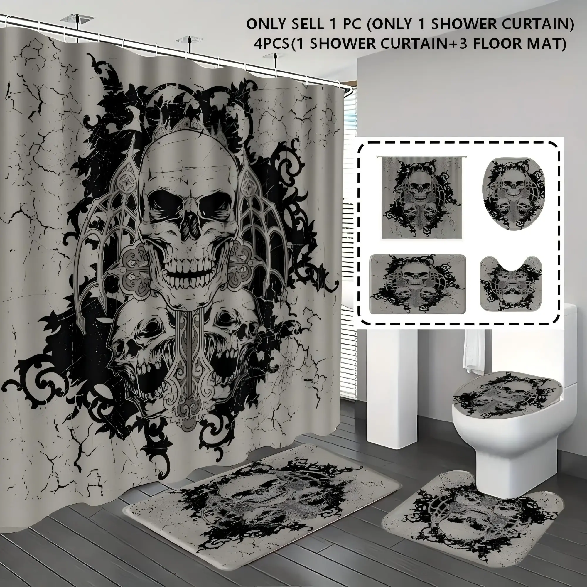 [Popular Choice]1pc/4pcs, bathroom curtains shower, bathroom set, shower curtains, bathroom rug, home decoration, bathroom mat, skull pattern, Gothic theme decoration, bathroom set, with 12 hooks.