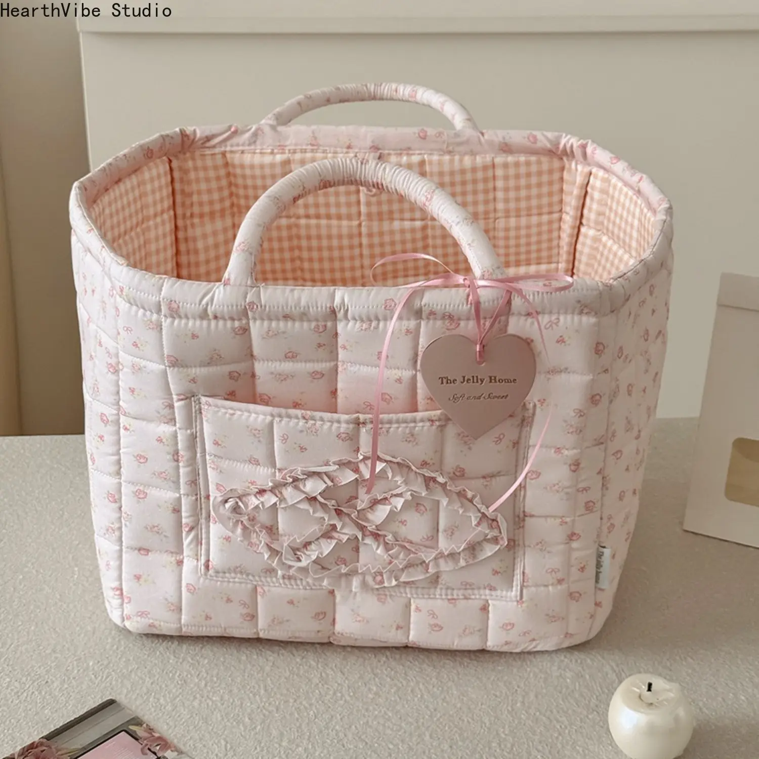 Pink Floral Quilted Storage Basket Coquette Aesthetic Ruffle Cosmetic Organizer Cotton Makeup Caddy Tote Bag with Handles for Nursery Vanity Decor