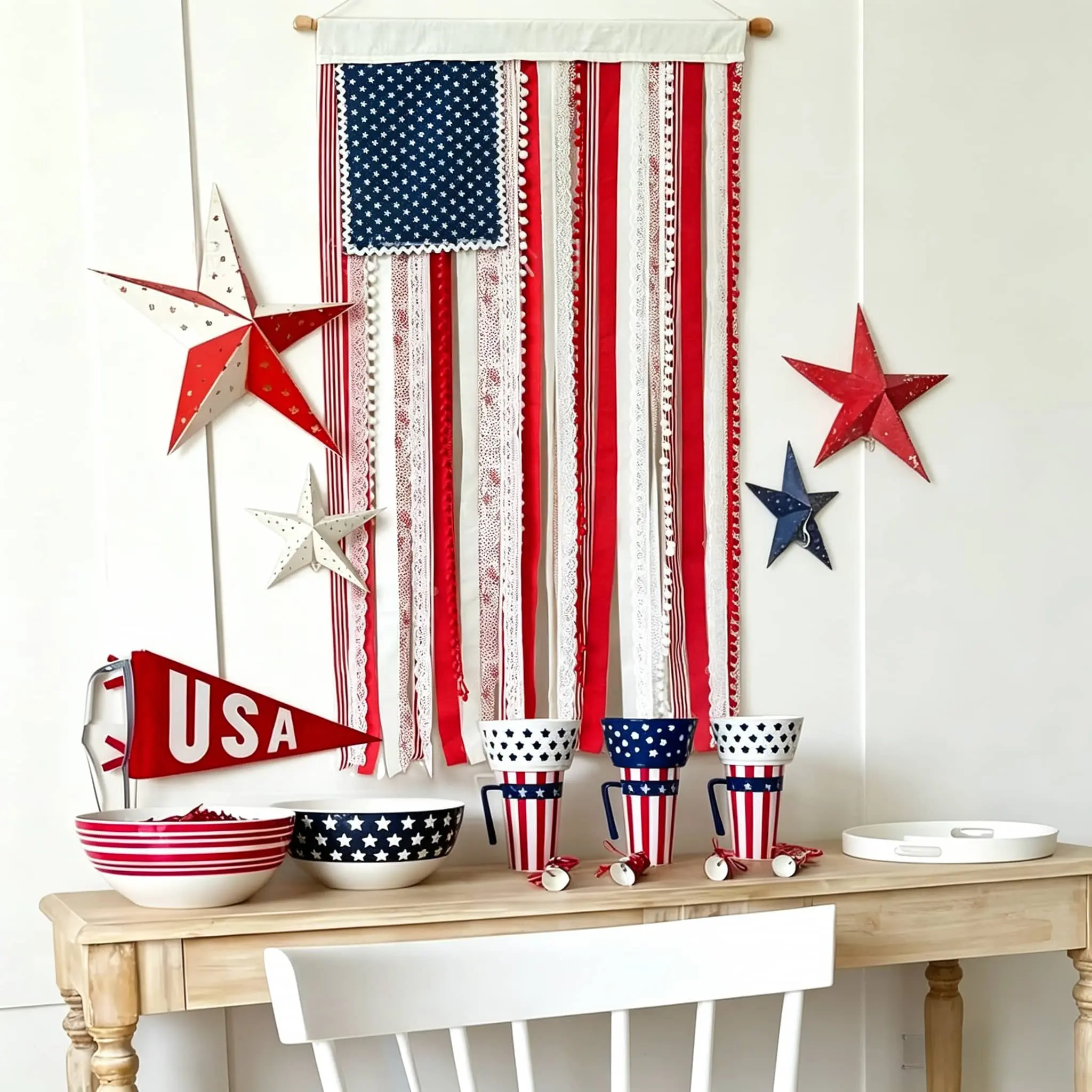 Handmade 4th of July Bohemian Lace Rag Flag Streamer Banner, Patriotic Wall Decor for Independence Day Party & Porch, Outdoor Banners, Wall Decor Flags