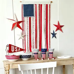 Handmade 4th Of July Rag Flag Banner, Bohemian Lace Streamer Wall Hanging, Patriotic Door Decor For Independence Day Party, Outdoor Porch And Home Decoration