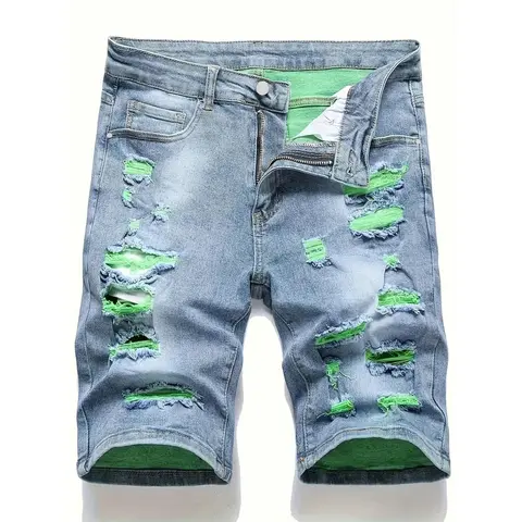 Men's Regular-Fit Denim-Effect Ripped Pocket Knee-Length Shorts - Loose-Fitting Polyester-Cotton Menswear, Breathable Streetwear, Light Blue Distressed Casual Summer Daily Bottoms, Do Not Dry Clean