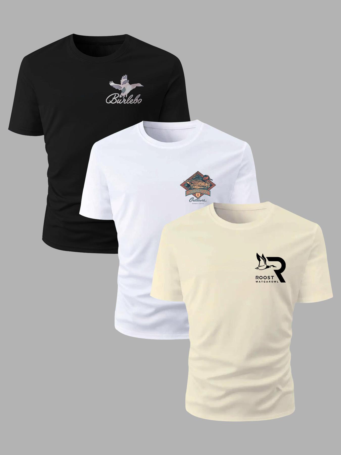 Men's Letter & Bird Print Round Neck Graphic Tee, Regular Fit Casual Short Sleeve T-shirt for Summer, Men's Top for Daily Wear, Tropical, Fitted