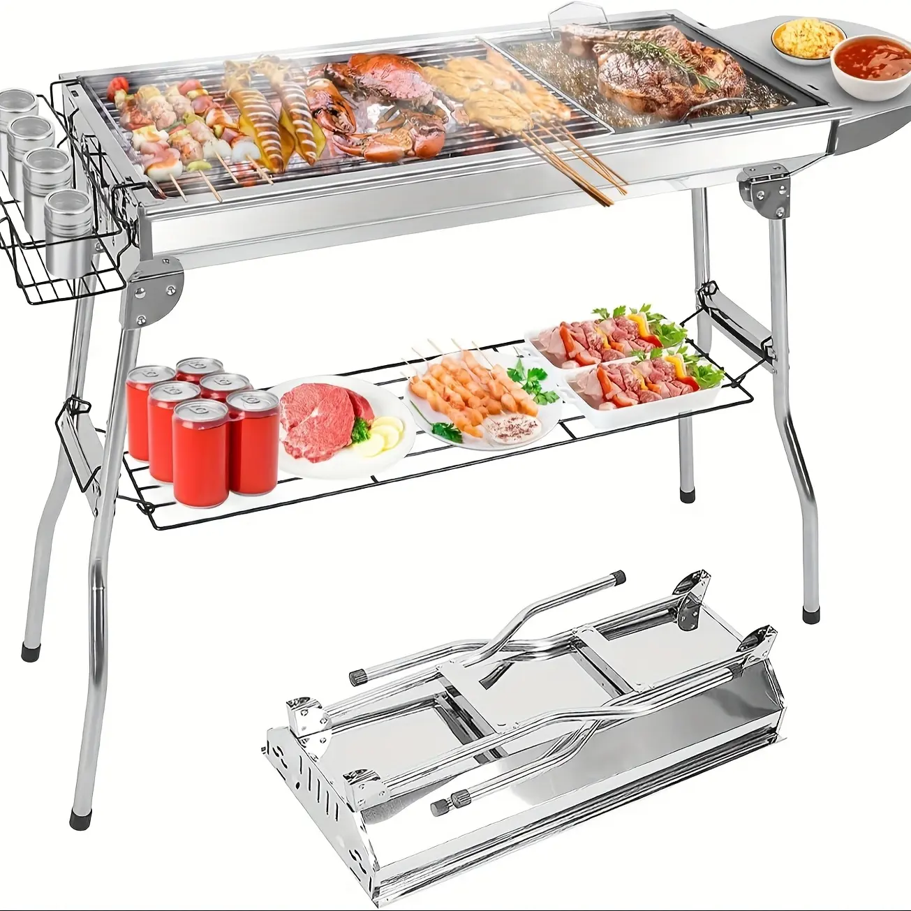 [Father's Day Gift] Large Foldable Charcoal BBQ Grill with Side Shelves & Storage Basket, Multi-Function Outdoor Barbecue Grill for Family Gathering, Picnic, Garden, Patio, Camping & Travel, Father's Day Gift for Dad, BBQ Gifts for Men