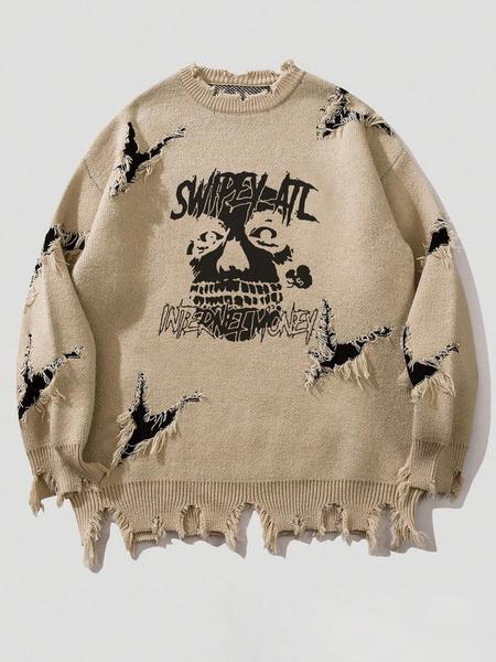 Men's Pattern Sweaters Retro Gothic Long Sleeve Crew neck Pullover knitted Top, Knitwear Tops, Grunge Skull Dollars Design, Aesthetic Gesture Warm Loose Fit Comfortable Jumper,Daily life,Hip-hop, Street wear, Going Out, Halloween Fall Winter Clothes