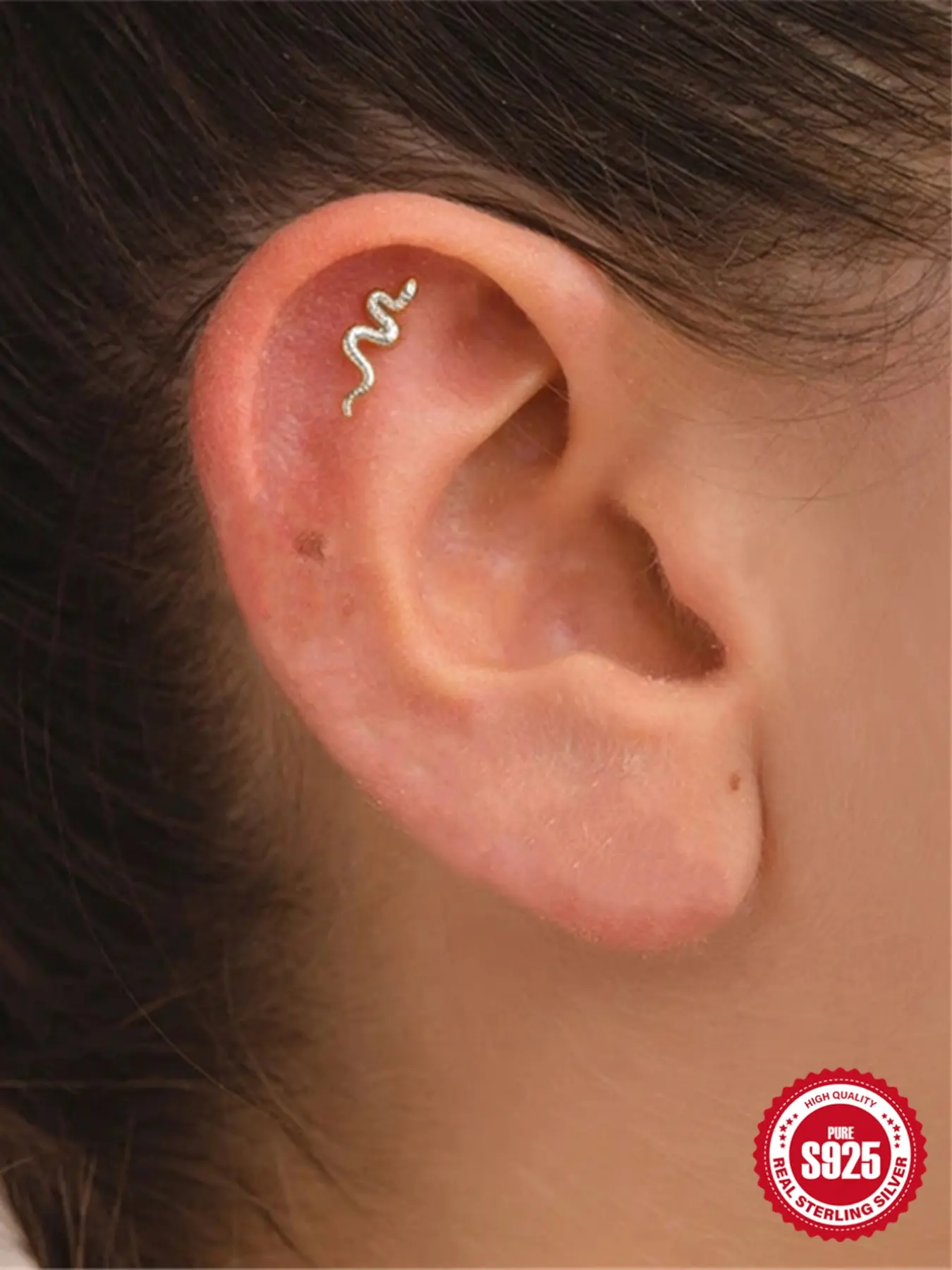 1Pc 925 Sterling Silver Classic Snake Flat Back Stud Earring Hypoallergenic Cartilage Helix Tragus Lobe Piercing Jewelry Suitable For Women For Daily, Dates, Vacation, Wedding, Party, Holiday Gift