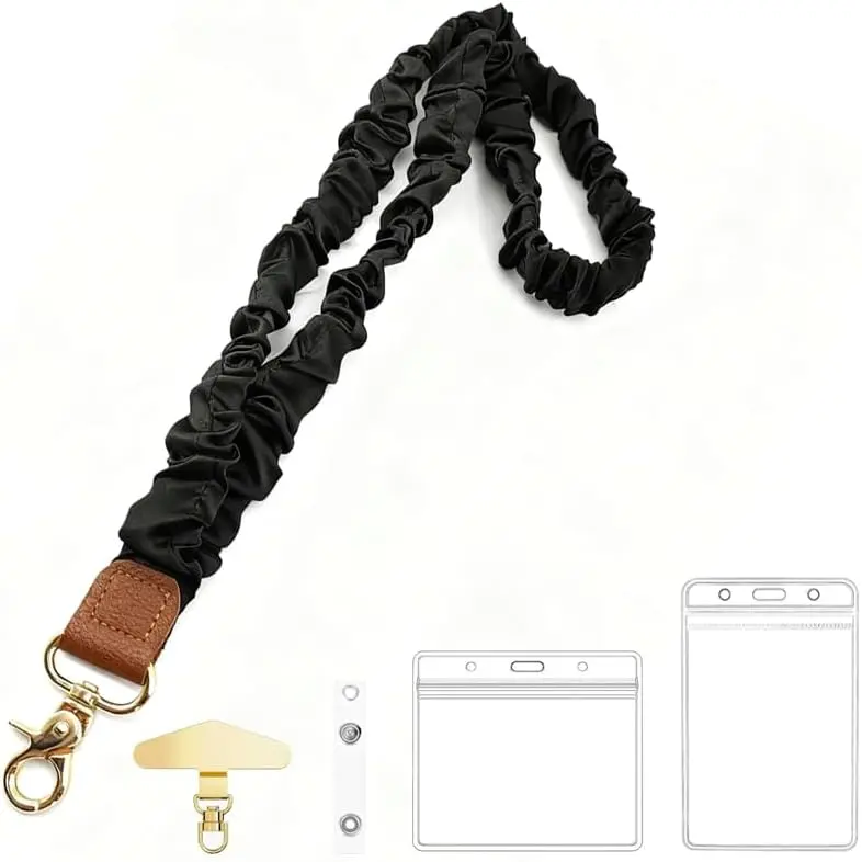 Scrunchie Lanyard for ID Badges, Retractable Teacher Lanyards Stretchy Lanyard with ID Holders for Women (Black)