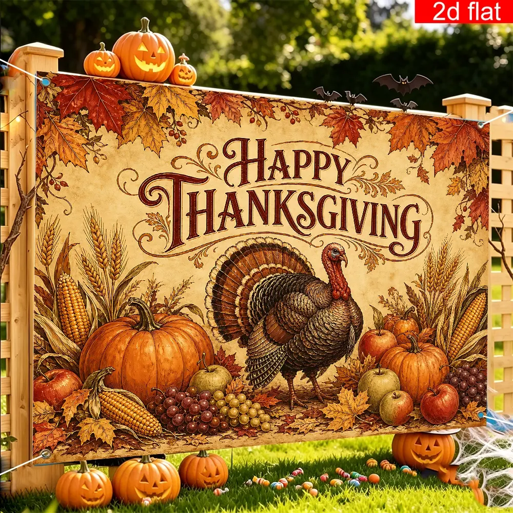 2D flat banner, 1pc, Autumn Thanksgiving themed party banner, polyester, Happy Thanksgiving Themed Backdrop with Turkey Pumpkin Harvest Elements Indoor Living Room Bedroom Wall Background Decoration for Fall Thanksgiving Event Dec