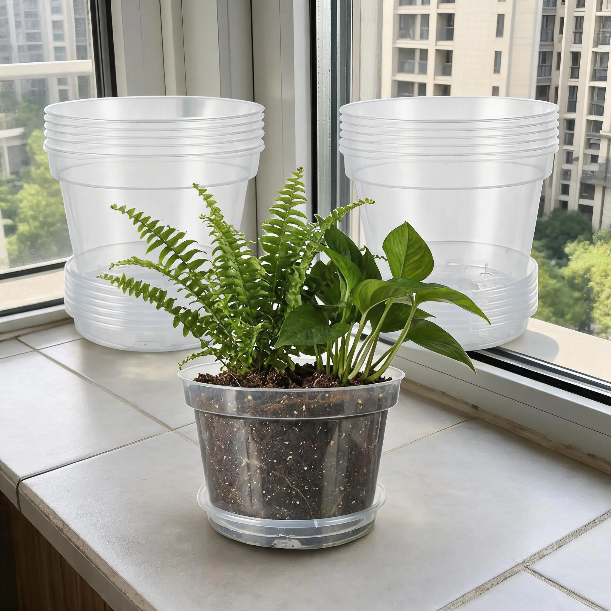 12 Pack 8" Clear Plastic Nursery Pots with Drainage Holes & Saucers, Thickened Seedling Planters for Indoor & Outdoor Gardening