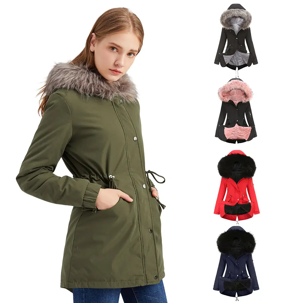 2026 New Ladies Hooded Faux Fur Trim Parka Jacket Thick Fleece Lining Slim Fit Winter Cotton Coat Black Fabric