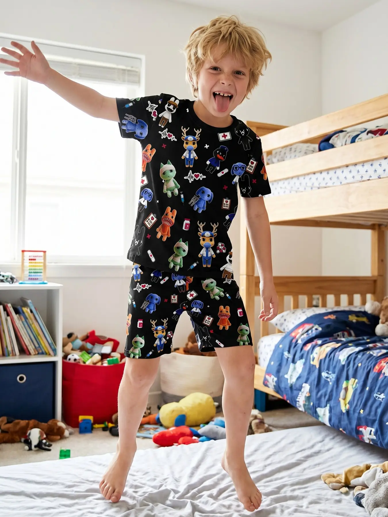 Animal Hospital Kids Doctor Cartoon Print Pajama Set, Cute Veterinarian Print Pajamas, Boys Girls Sleepwear (5-14 Years), Cartoon Pattern Pajamas, Loose-Fitting