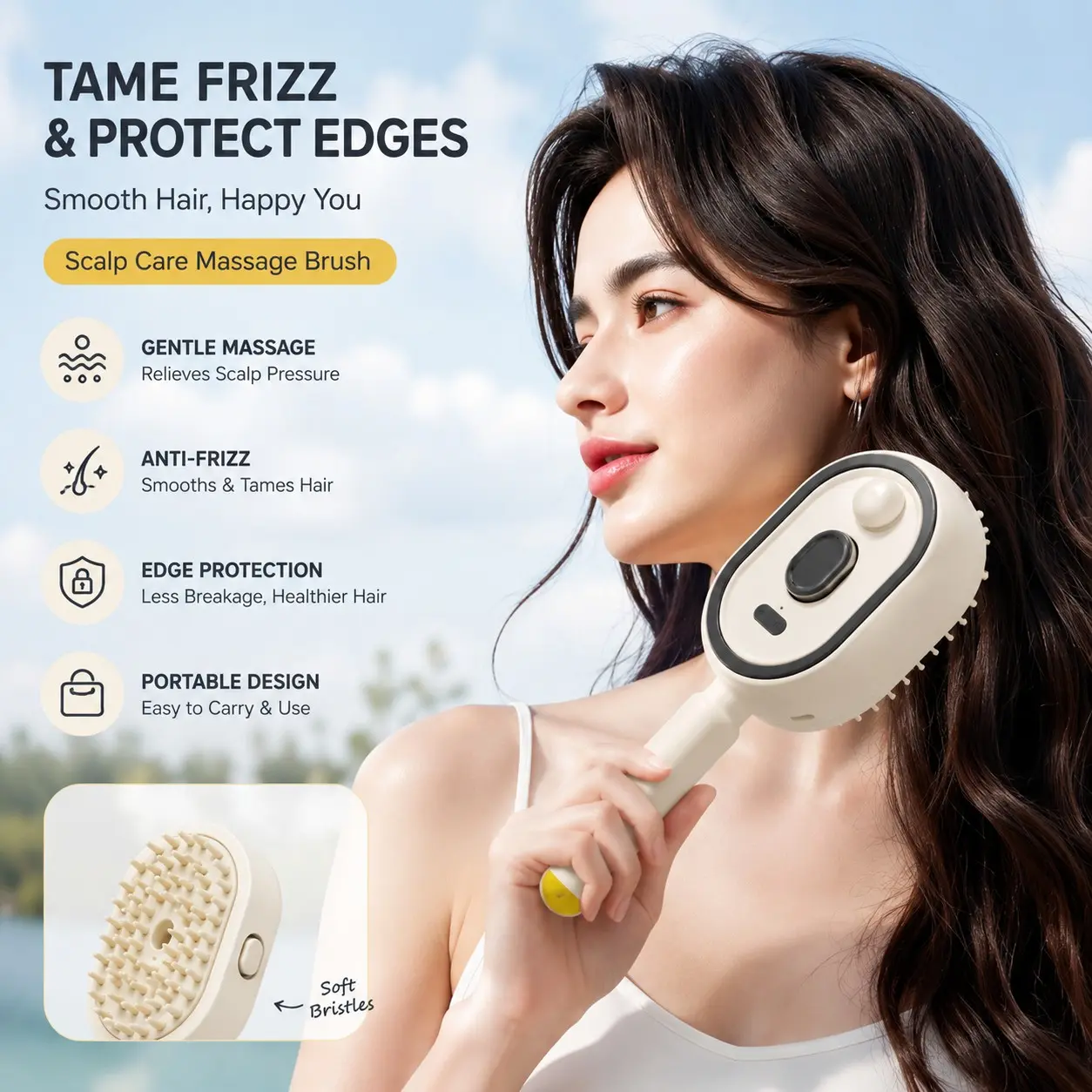 Electric Scalp Massager Comb with Soft Bristles, Edge Protection, Portable Hair Care Brush for Shower, Home Salon Use, Suitable for All Hair Types
