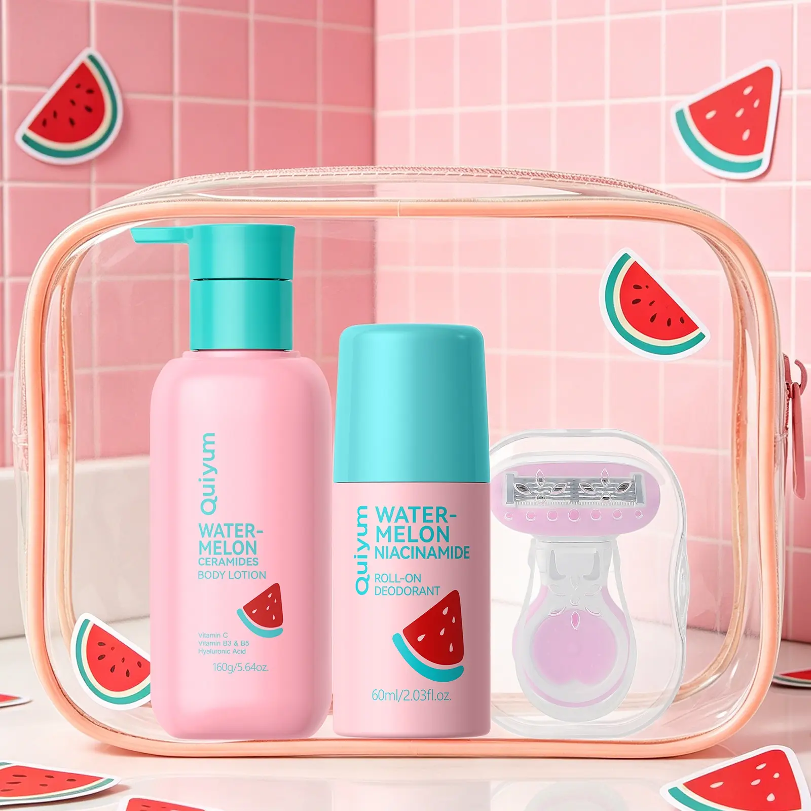 QUIYUM Watermelon 4-In-1 Skin Care & Grooming Kit, Body Care Pack, Body Care Bundle, 160g Body Lotion & 60ml Roll-On Deodorant Set with Hair Removal Razor & Travel Toiletry Bag, Long-Lasting Odor Defense for Women, Travel Size Daily Essential Gift