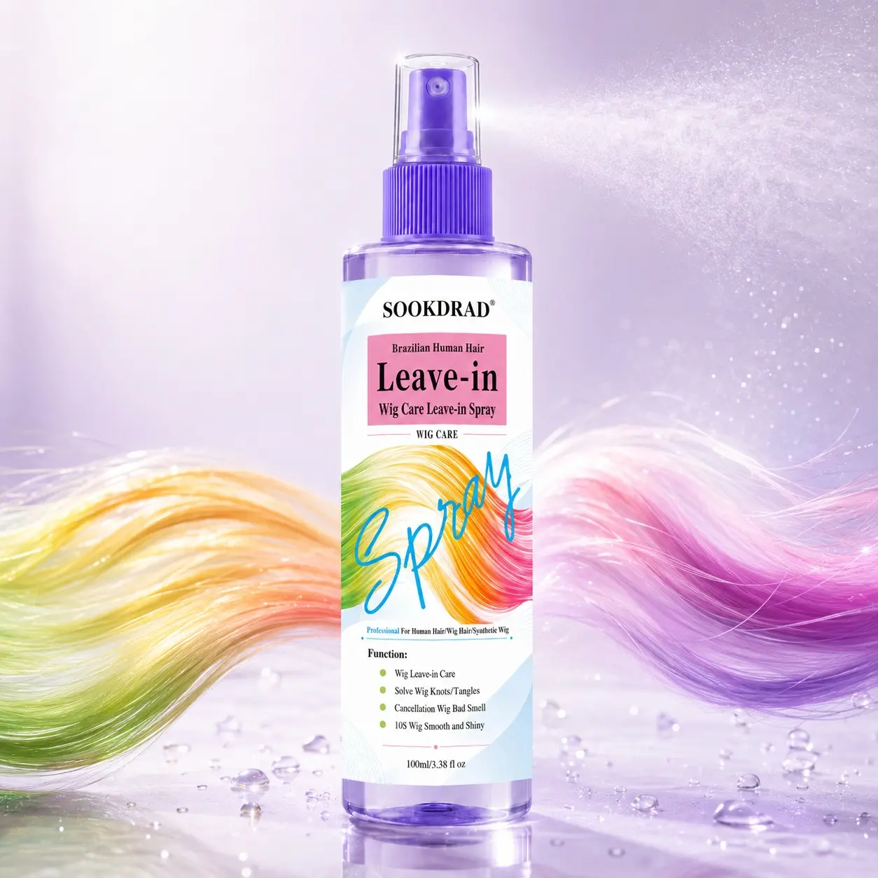 Wig Care Leave-in Spray, detangle knots, remove bad smell, make wig smooth and shiny, suitable for human hair wigs, synthetic wigs, 100ml/3.38 fl oz