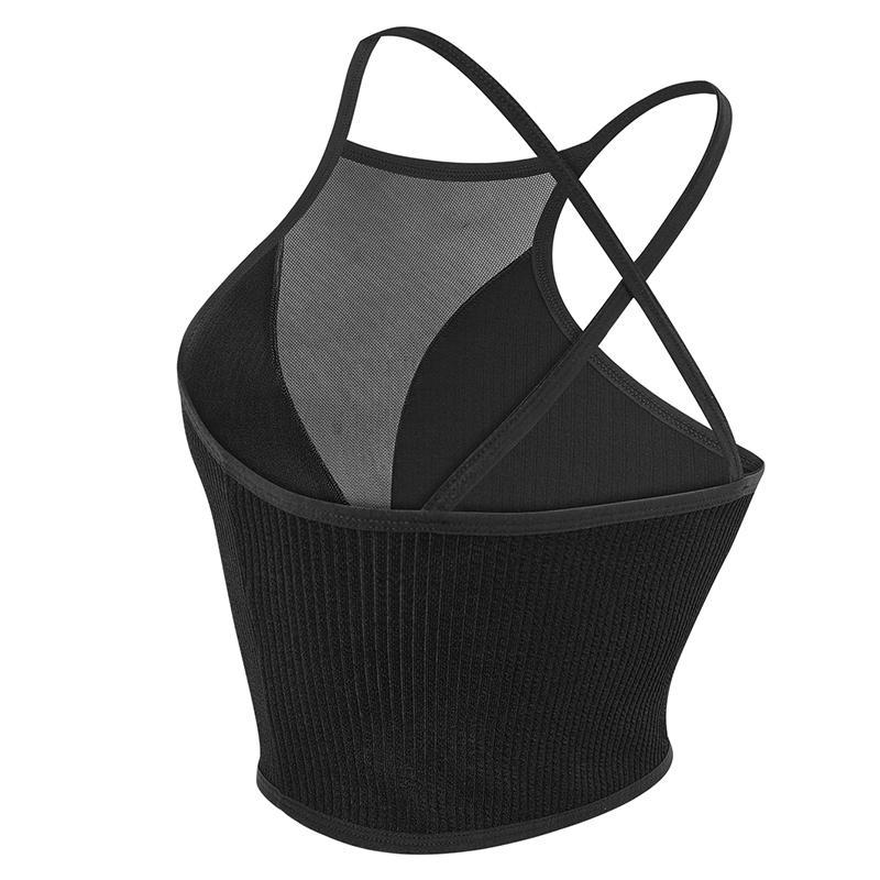 Women's Ribbed Halter Short Crop Top - Minimalist Sleeveless Backless Mesh Bralette, Supportive Stretch Polyamide Vest for Daily Casual Wear, Plus Size