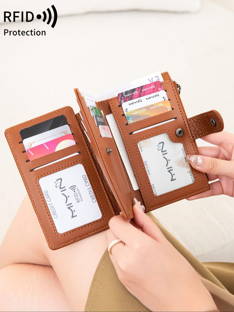 Women's Minimalist Plain Color Letter Decor Short Wallet, Casual Versatile Zipper Wallet with ID Window, RFID Blocking Card Holder for Daily Used