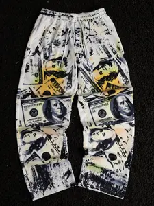Men's White Distressed Vintage 100 Dollar Bill Benjamin Franklin Full Print Drawstring Elastic Waist Wide Leg Pants, Loose Baggy Street Fit, Soft Light Quick Dry Woven Fabric, Side Pocket Design, Money Theme Y2K Hip Hop Daily Casual Trousers