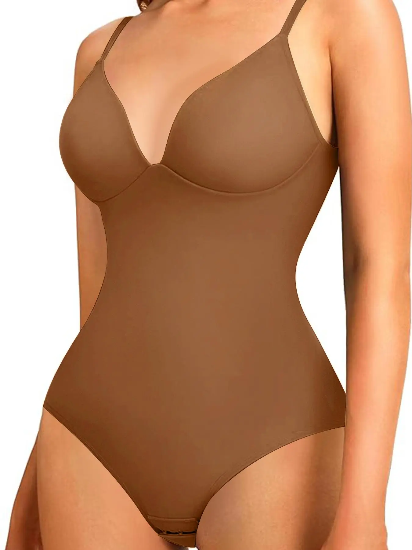 Women's Shapewear Deep V Neck Bodysuit with Built In Bra, Casual Regular Length, Moderate Fabric Thickness, All Seasons Wear