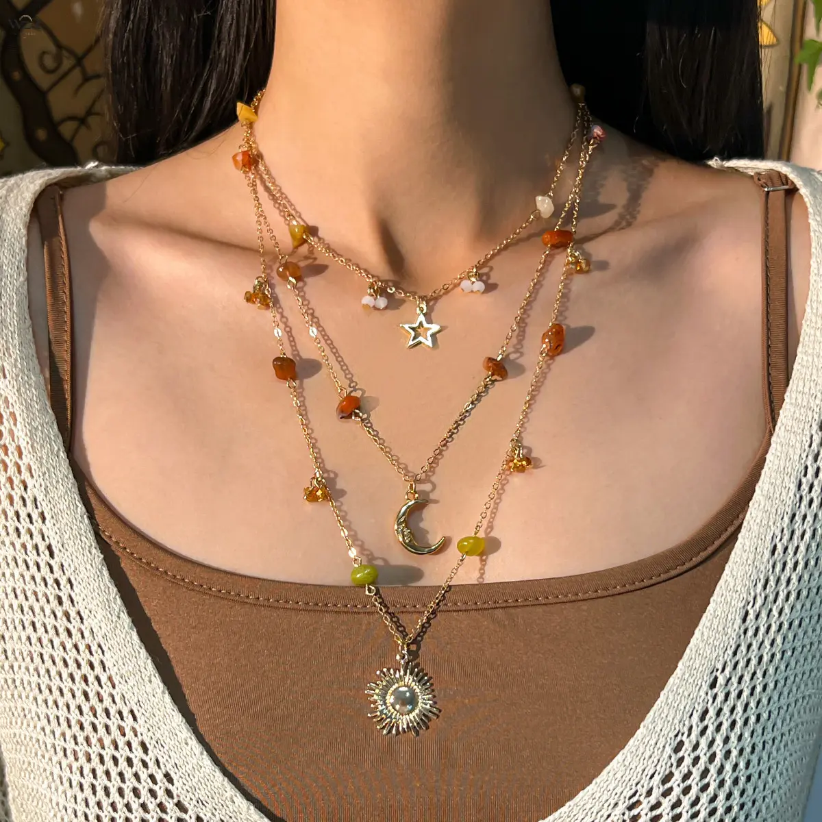 3 Layer Sun Moon Star Natural Stone Beaded Choker Necklace, Vintage Bohemian Gold Multi Strand Layered Decorative Necklace for Women