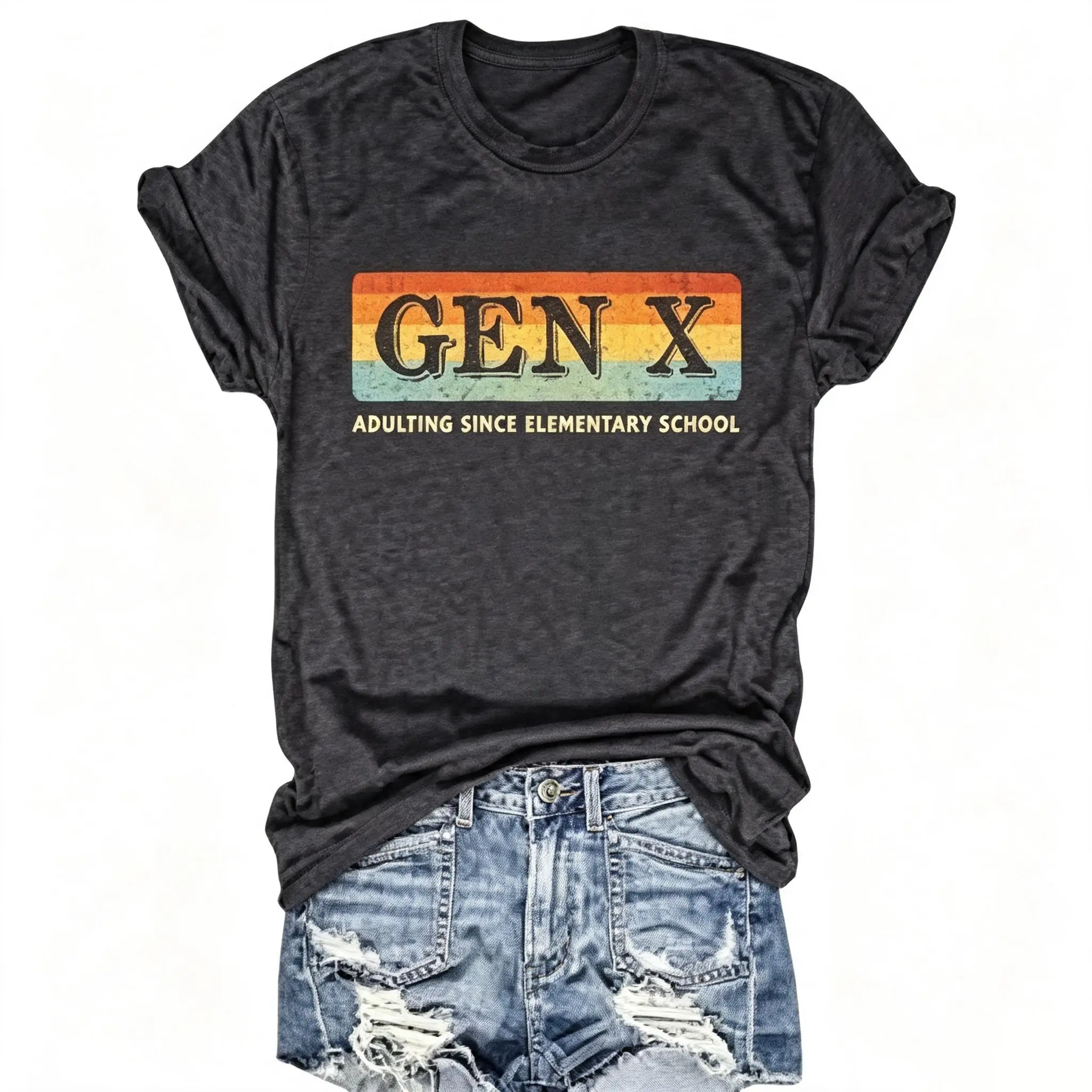 Gen X Adulting Since Elementary School Graphic T-Shirt - Vintage Retro Tee, Comfortable Cotton Top, Oversized Casual Wear, Cute Gift for Him & Her, Perfect Present for 80s Kids, Ideal for Valentine's Day, Birthdays & Anniversaries