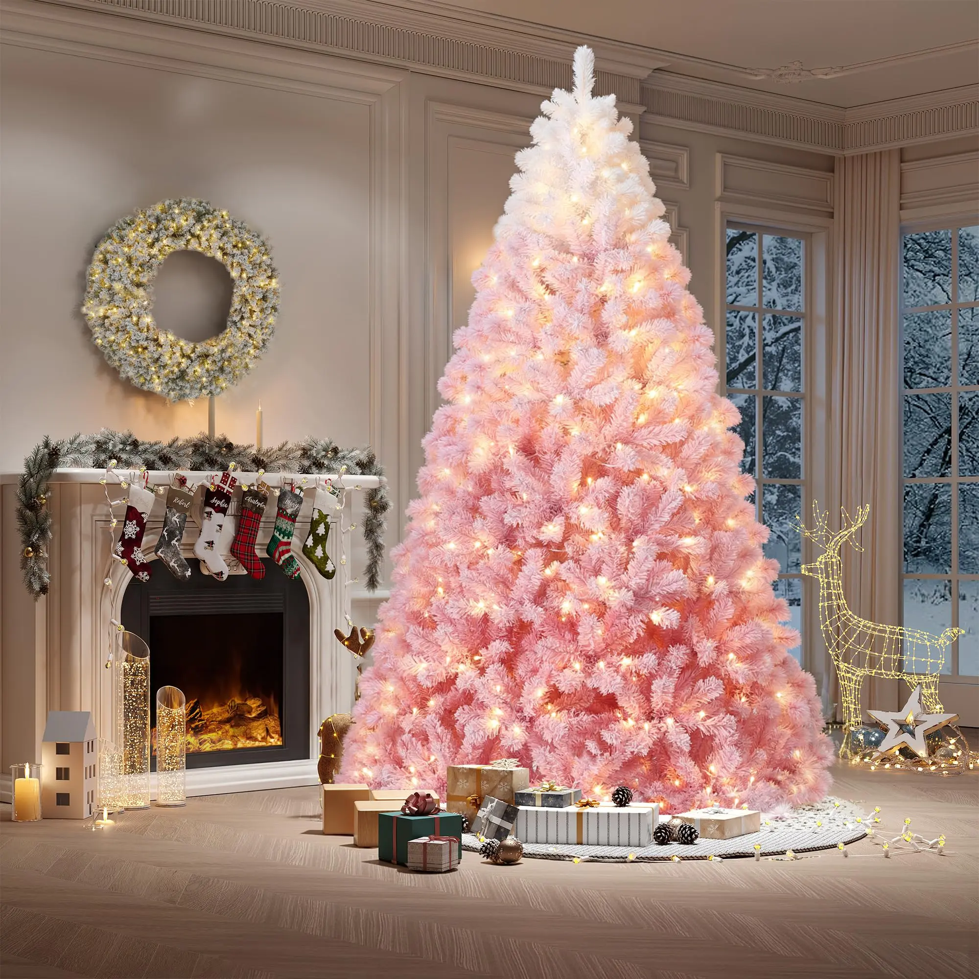 Garvee Pre-Lit Pink Ombre Snow-Flocked Artificial Christmas Tree - Warm White LED Lights - Realistic Branch Advice - Metal Stand - Indoor/Outdoor Holiday Decor