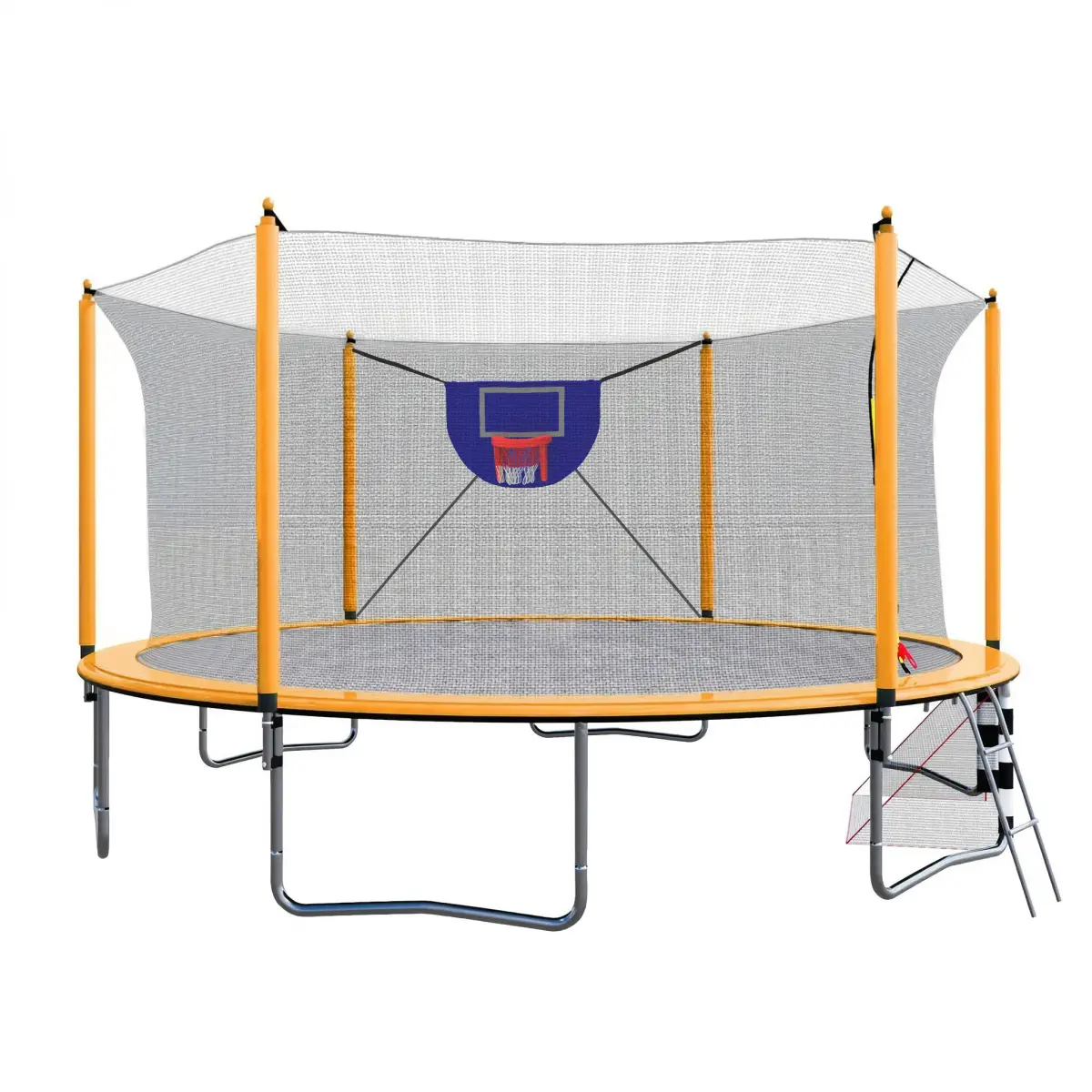 16FT Large Outdoor Fitness Trampoline with Steel Frame, Sturdy Legs, Inner Safety Net, Basketball Hoop, Pump, Ladder, Soccer Goal - Orange Multi-Sport Trampoline for Workouts, 6Pcs Strong W-Shape Legs, With Protector, Fitness For Everyone, High-Bounce Out