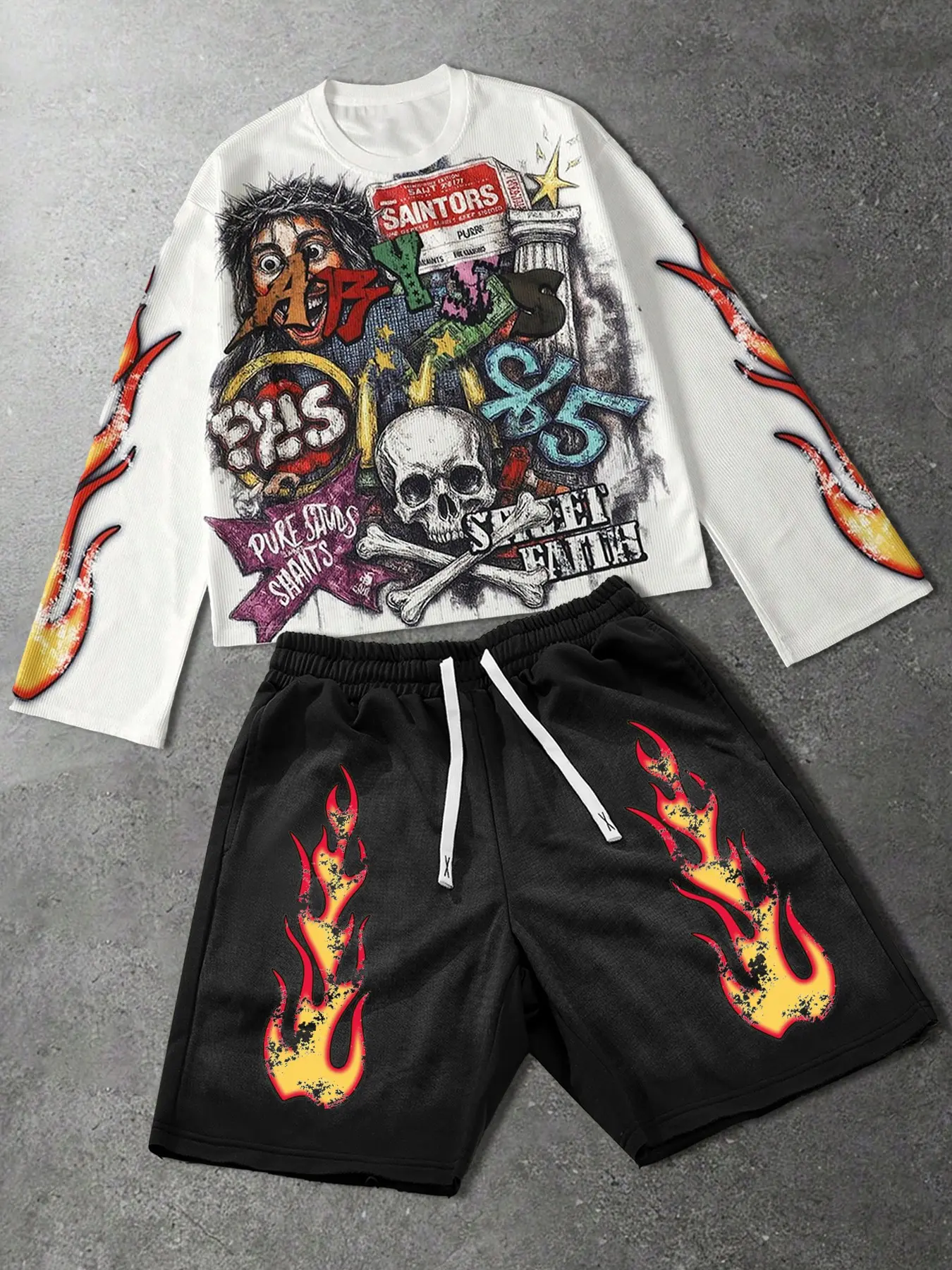 Men’s Graffiti Print Long Sleeve Top & Flame Pattern Shorts Set, Menswear Punk Street Style For Hip Hop Daily Outfits And Skate Scenes