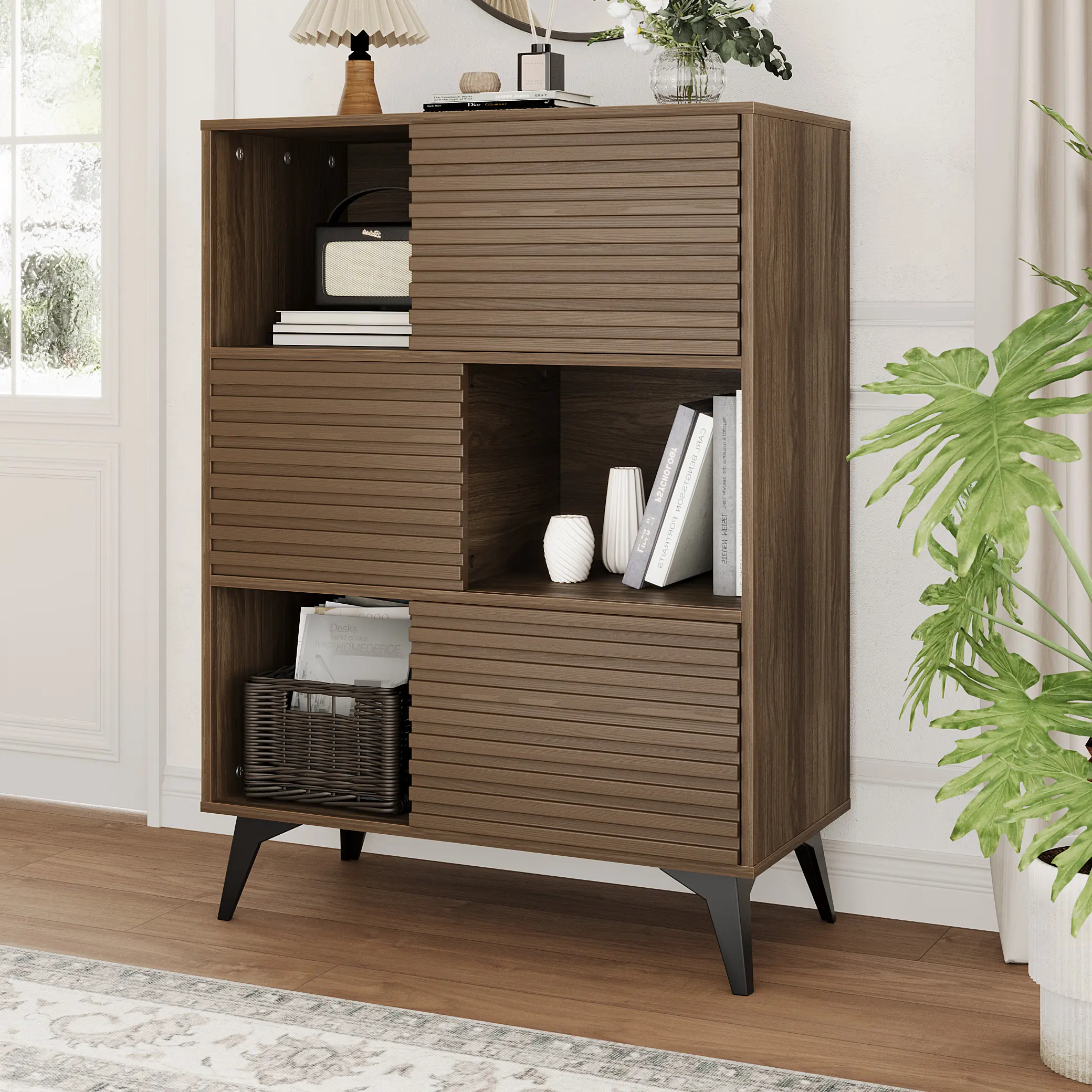Modern Fluted Entryway Storage Cabinet with Sliding Doors – Wooden Sideboard on Metal Base – Floor Standing Organizer for Living Room, Dining Room, Foyer, Black Finish