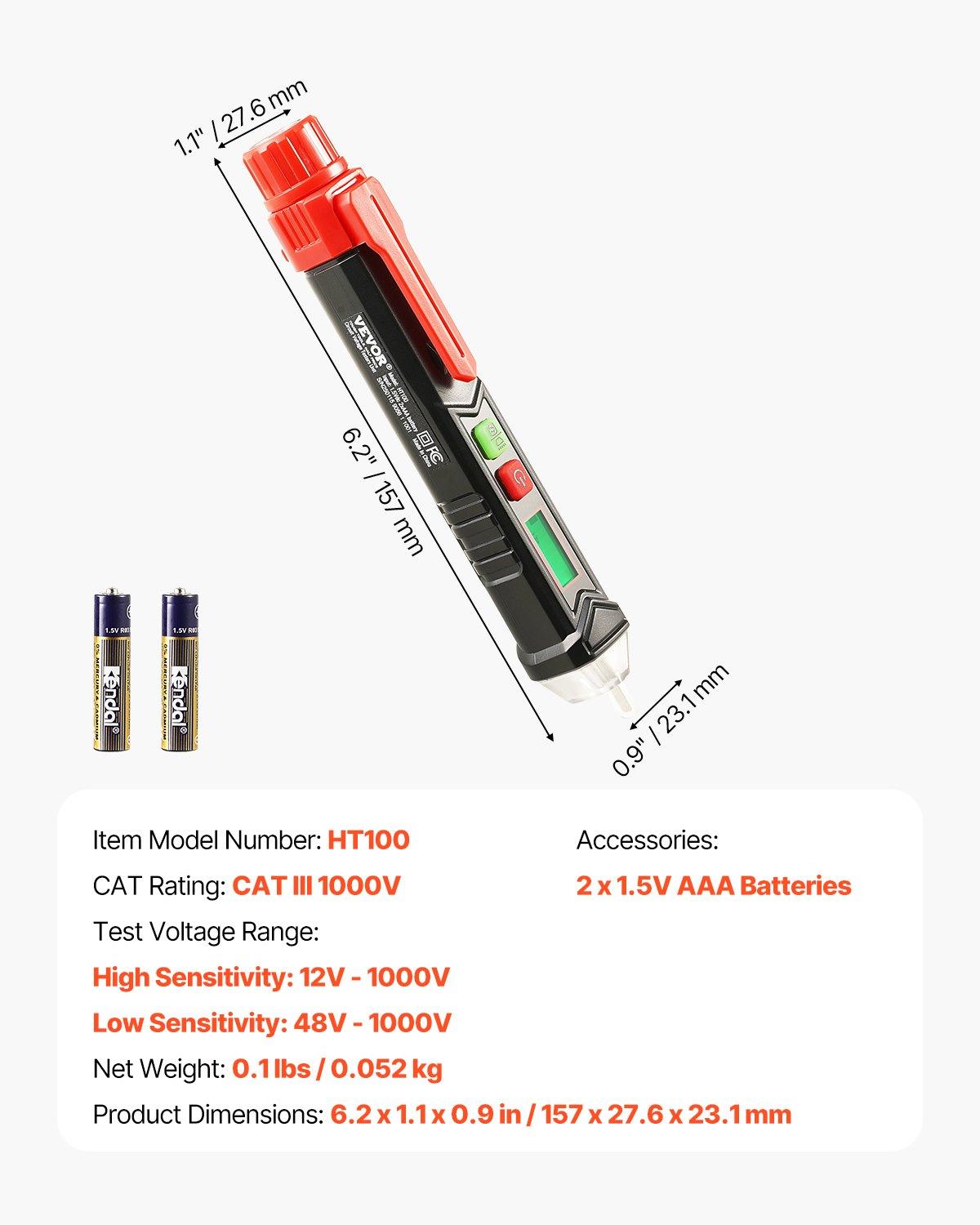 VEVOR Voltage Tester, Non-Contact Voltage Detector with Adjustable Sensitivity, Dual Range AC 12V-1000V/48V-1000V Live & Null Wire Tester Pen with Visual and Audible Alarms, CAT III 1000V Rating