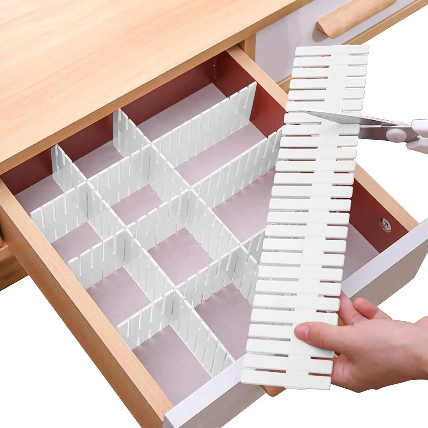 Drawer Divider Adjustable Diy Storage Organizer Separator for Tidying Clutter Cutlery Makeup Clothes of Dresses, Desk & Box in Kitchen Bathroom Bedroom Office (Cut at Will) (White 32 count)