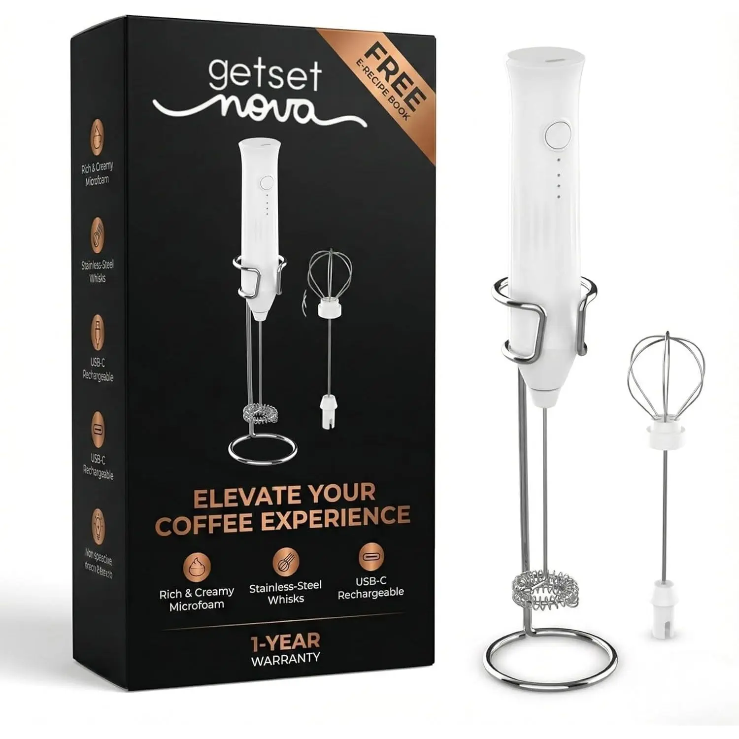 Rechargeable   Handheld Electric Coffee  with  Spring Whisk |  Maker for Latte, Cappuccino, Matcha & Hot  | 3 Speed Modes |USB  | Stand Included | White