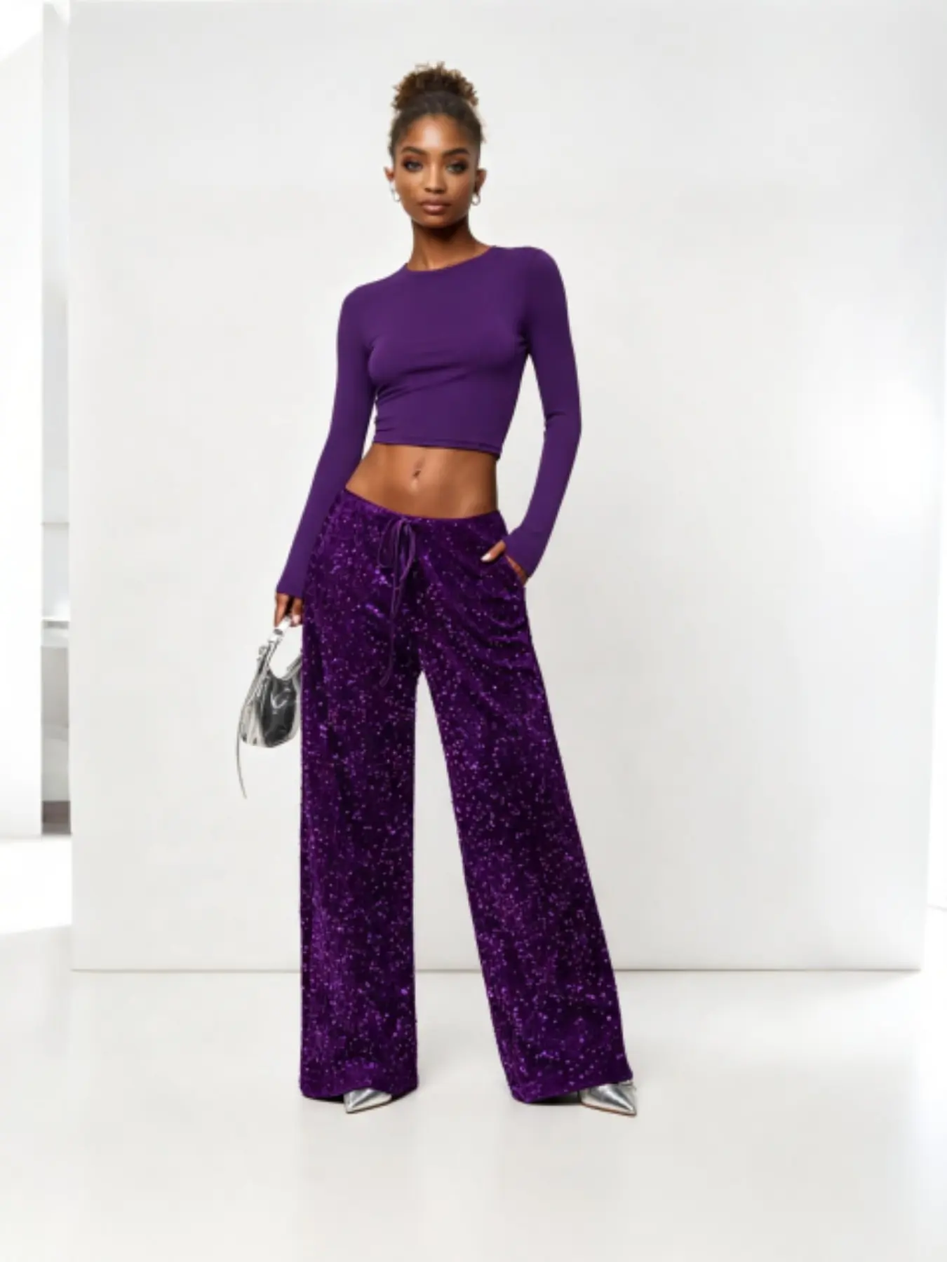 Sparkly Sequin Wide Leg Pants – High Waist Drawstring Party Trousers for Night Out & Going Out