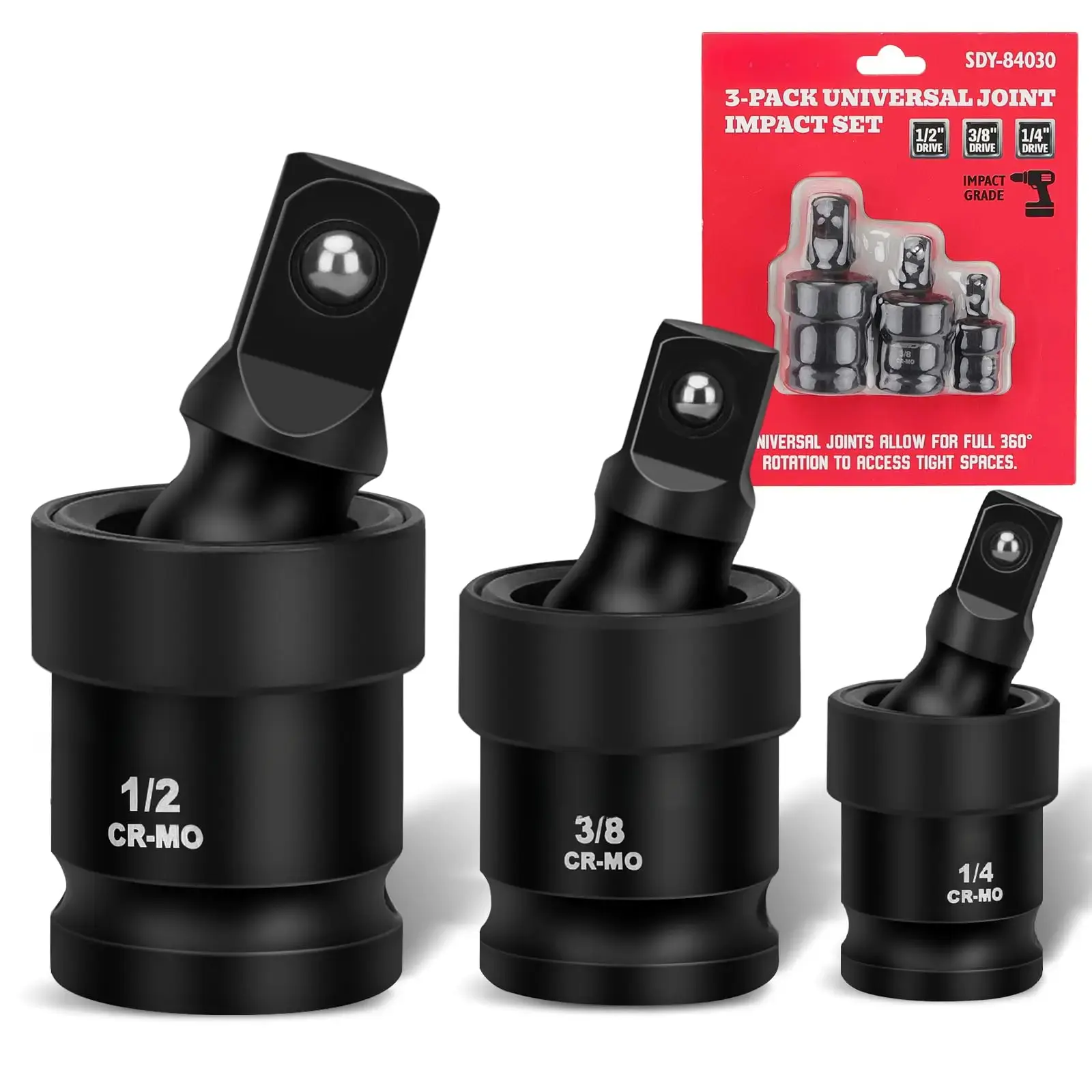 Impact Universal Joint-Socket Swivel Set: 3-Piece 1/2", 3/8", 1/4" Flexible Socket Swivel Set Premium CR-MO Steel U Joint Socket Adapter Wobble Socket Set Tool Hardware Heavy Duty