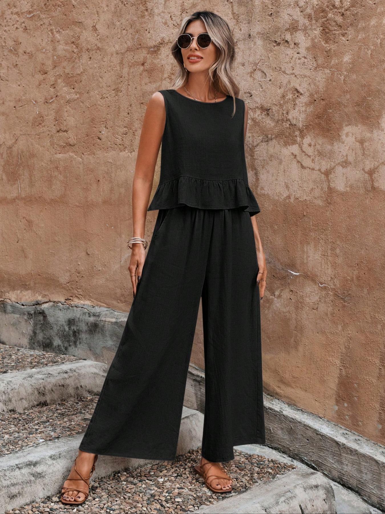 Women's Solid Ruffle Hem Tank Top & Elastic Waist Wide Leg Pants Set, Casual Button-Detail Round Neck Top & Pocket Trousers, Ladies Summer Clothes, Clothing Sets