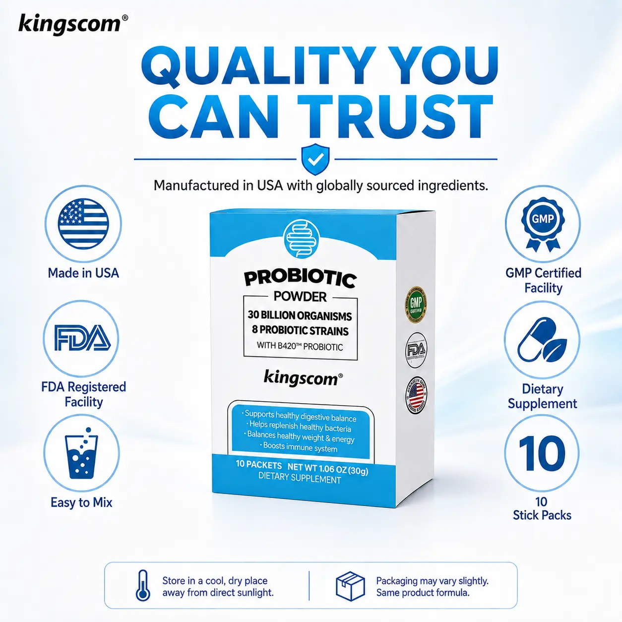 Kingscom Probiotics Stick Packs, 30 Billion CFUs Multi-Strain Probiotic Blend, Daily Gut Health & Digestive Wellness Support, 1 Stick Daily, 10 Count first 3-in-1 pre